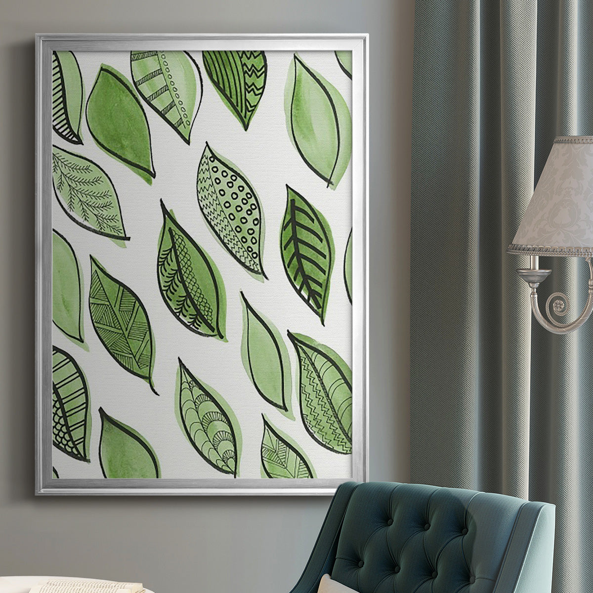 Patterned Leaf Shapes IV - Modern Framed Canvas Print