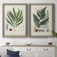 Set of two gray barnwood framed canvas prints depicting a coordinated art pair of vintage fern specimens with botanical details rendered as natural-history fern plates above a dining room sideboard.