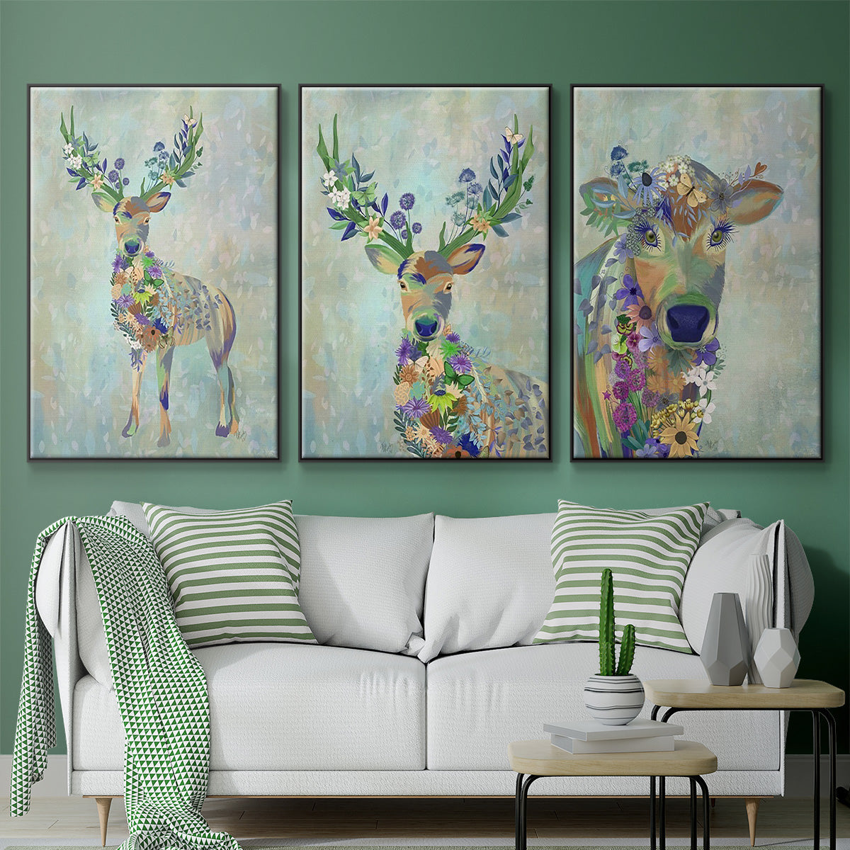 Fantastic Florals Cow - Framed Premium Gallery Wrapped Canvas L Frame 3 Piece Set - Ready to Hang