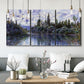 Three-panel canvas wall art featuring quiet river bend near village, displayed in a modern living room above seating.