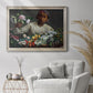 Traditional portrait of a woman holding peonies by Frédéric Bazille in an ornate champagne frame displayed in a bright interior setting.