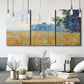 Three-panel canvas wall art featuring oat field with scattered poppies, displayed in a modern living room above seating.