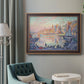 Impressionist Mediterranean harbor painting by Paul Signac in an ornate bronzed mahogany wood frame displayed in a neutral interior setting.