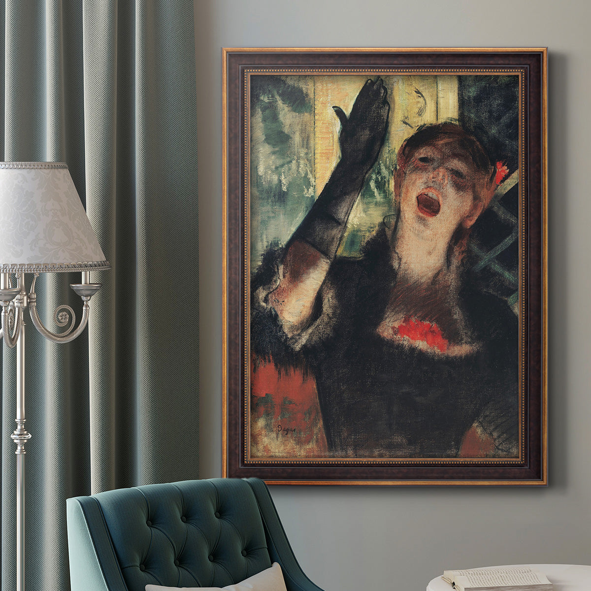 Impressionist portrait of a café singer by Edgar Degas in an ornate bronzed mahogany wood frame displayed in a dark-toned interior setting.