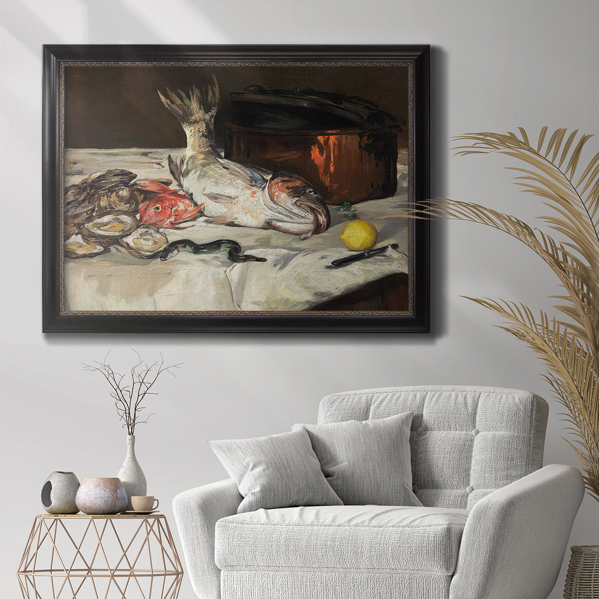 Impressionist still life painting of fish by Édouard Manet in an ornate black frame with gilded inner detail displayed in a bright interior setting.