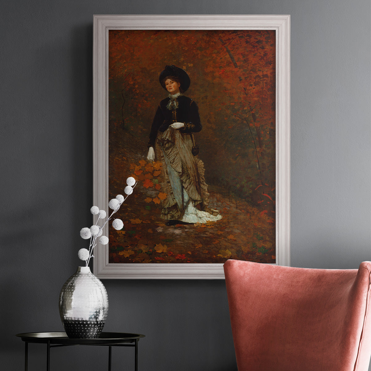 Realist autumn portrait scene by Winslow Homer in an ornate weathered white frame displayed in a dark-toned interior setting.