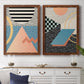 Set of two maple barnwood framed canvas prints depicting a coordinated art pair of bold geometric Memphis-style patterns rendered as retro graphic abstracts above a dining room sideboard.