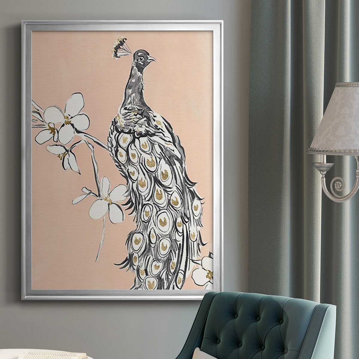 Peacock in Gold I - Modern Framed Canvas Print