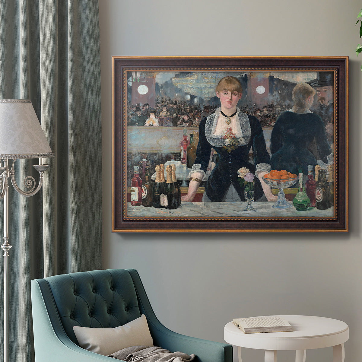 Iconic impressionist café bar scene by Édouard Manet in an ornate bronzed mahogany wood frame displayed in a bright interior setting.