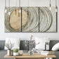 Three-panel canvas wall art featuring circular abstract energy forms, displayed in a modern living room above seating.