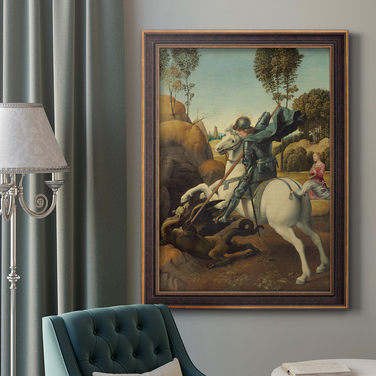 Religious painting of Saint George slaying the dragon by Raphael in an ornate bronzed mahogany wood frame displayed in a dark-toned interior setting.