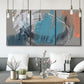 Three-panel canvas wall art featuring playful abstract mark making, displayed in a modern living room above seating.