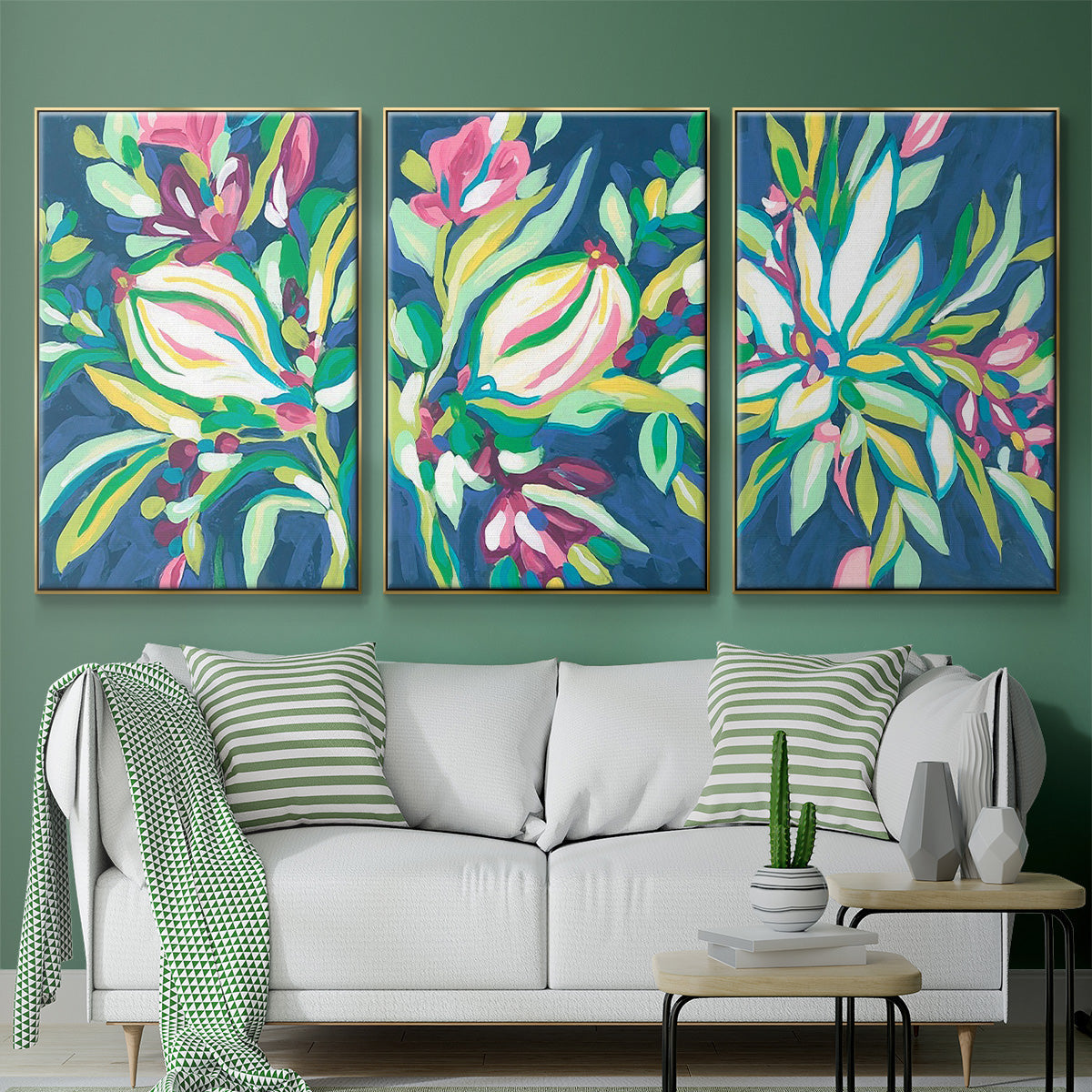 Blue Tropics I - Framed Premium Gallery Wrapped Canvas L Frame 3 Piece Set - Ready to Hang