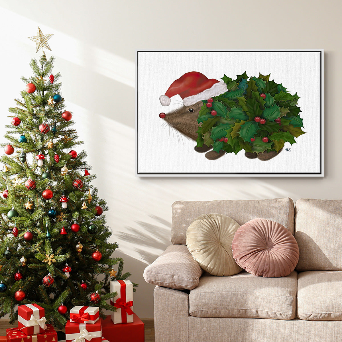 Christmas Holly Hedgehog - Framed Gallery Wrapped Canvas in Floating Frame