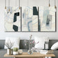 Three-panel canvas wall art featuring interwoven icy abstract linear forms, displayed in a modern living room above seating.
