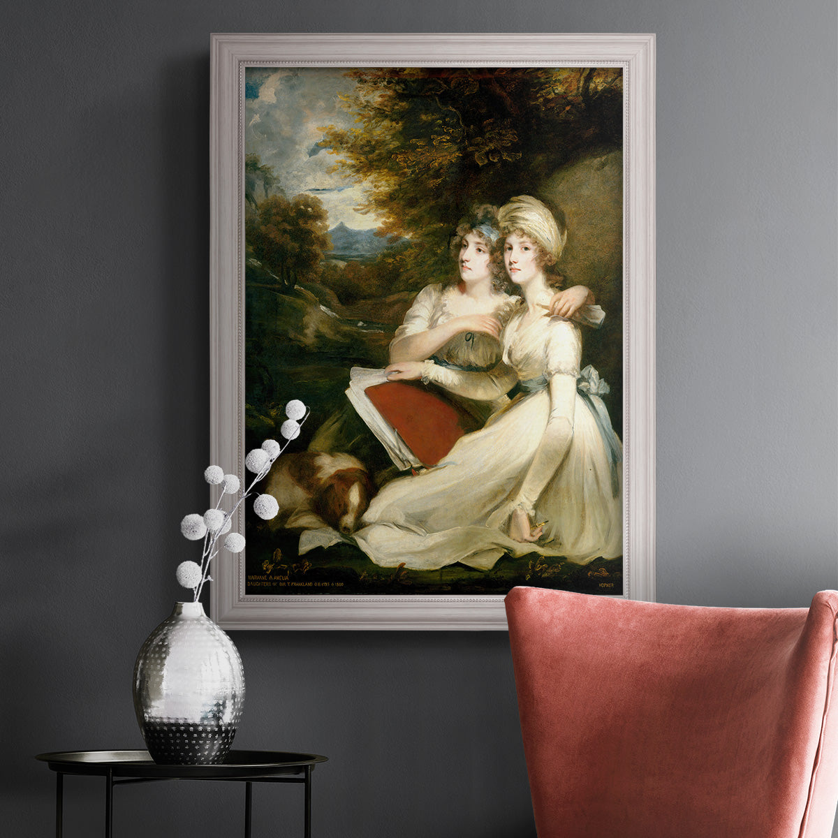 Classical portrait of the Frankland sisters by John Hoppner in an ornate weathered white frame displayed in a dark-toned interior setting.
