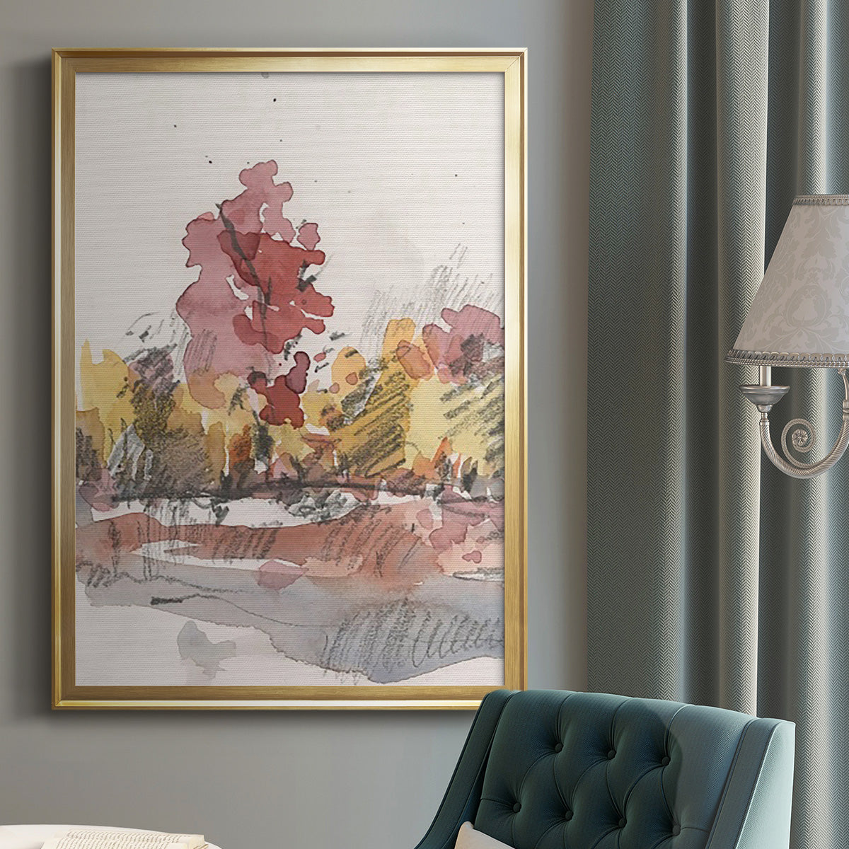 Watercolor Treeline Sketch I - Modern Framed Canvas Print