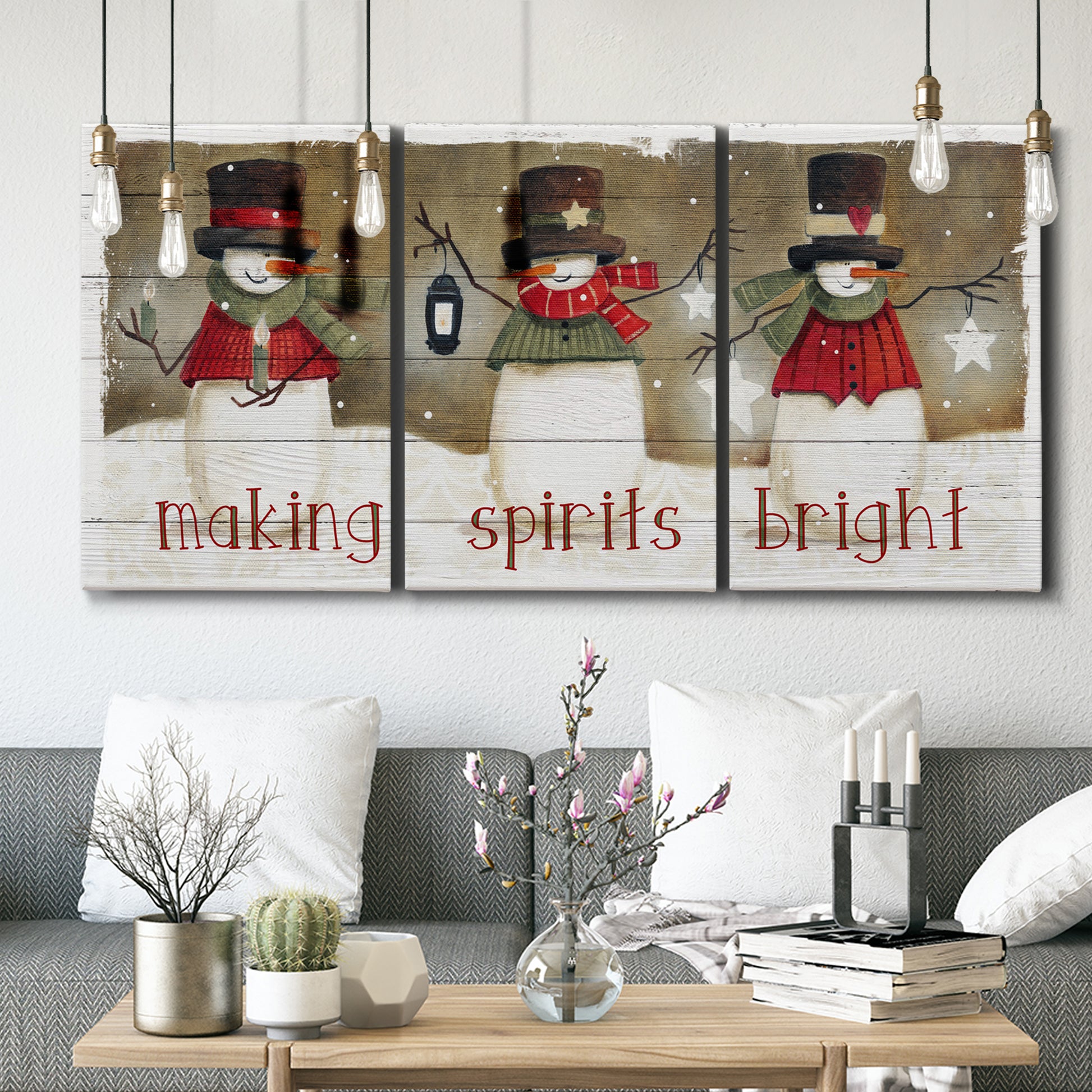 Three-panel canvas wall art featuring misty harbor sunrise with boats, displayed in a modern living room above seating.