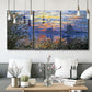Three-panel canvas wall art featuring river sunset with reflections, displayed in a modern living room above seating.