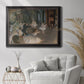 Impressionist backstage ballet scene by Edgar Degas in an ornate black frame with gilded inner detail displayed in a bright interior setting.