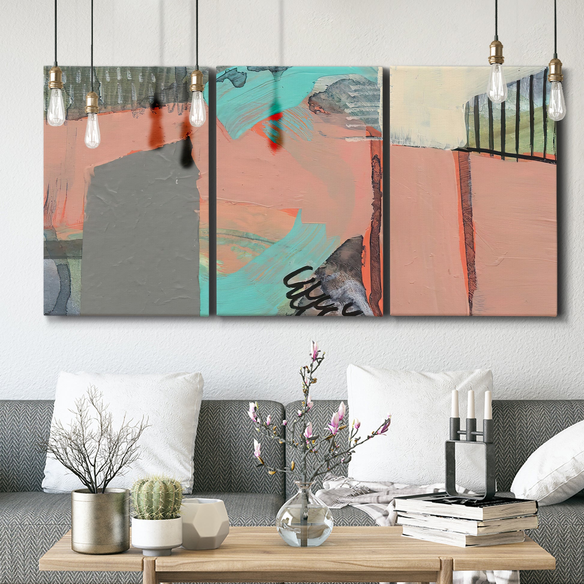 Three-panel canvas wall art featuring layered mid century abstract pathways, displayed in a modern living room above seating.