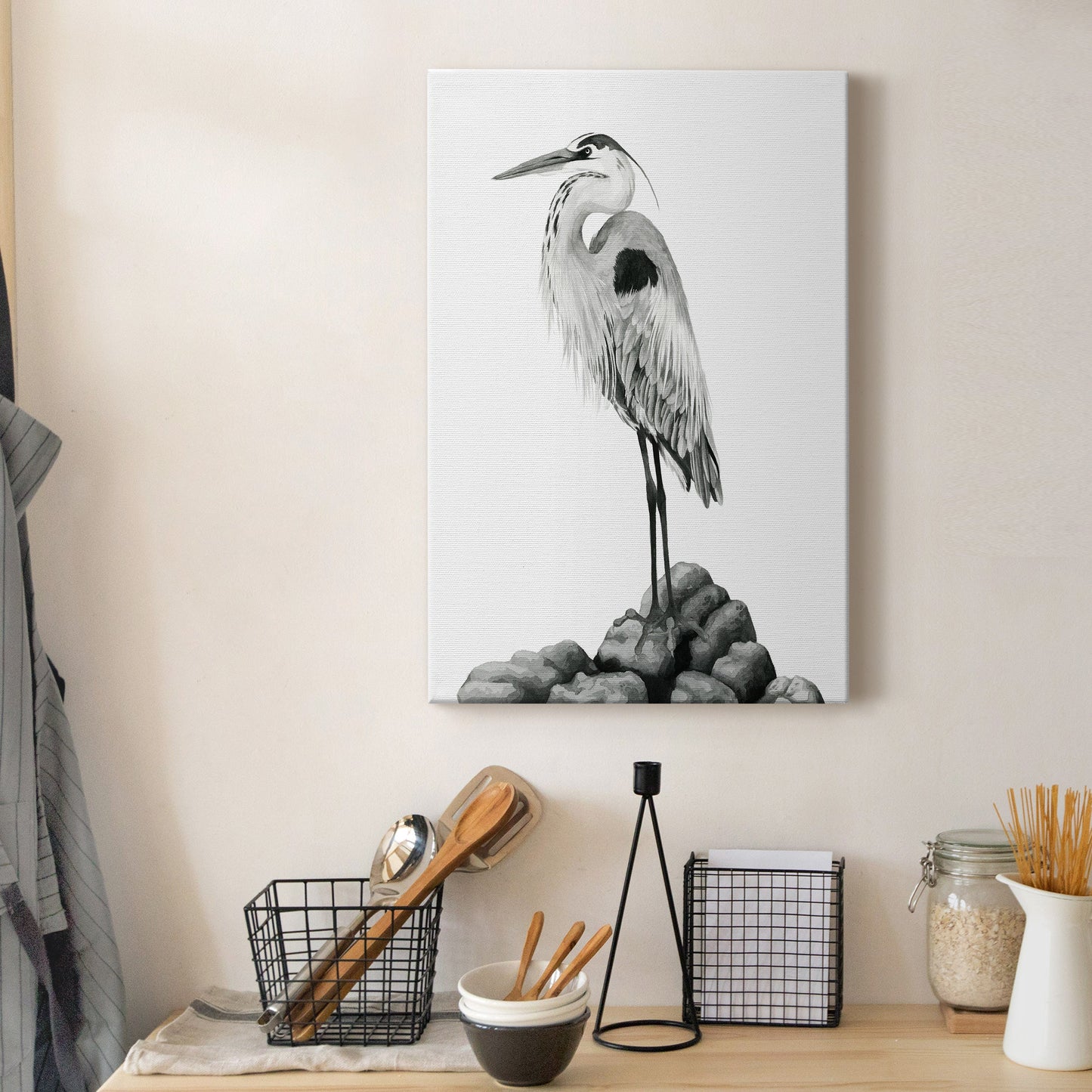 Shoreline Heron in B&W II Premium Gallery Wrapped Canvas - Ready to Hang