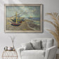 Impressionist coastal fishing boats scene by Vincent van Gogh in an ornate champagne frame displayed in a bright interior setting.