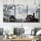 Three-panel canvas wall art featuring playful peach toned floral composition, displayed in a modern living room above seating.
