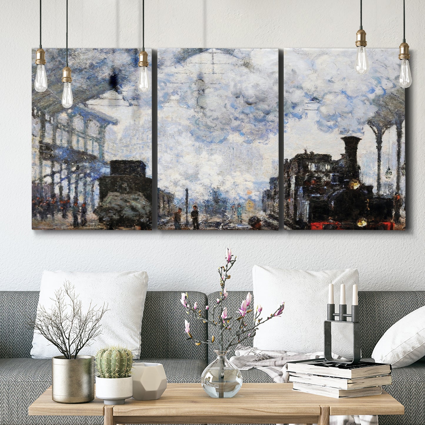 Three-panel canvas wall art featuring playful peach toned floral composition, displayed in a modern living room above seating.
