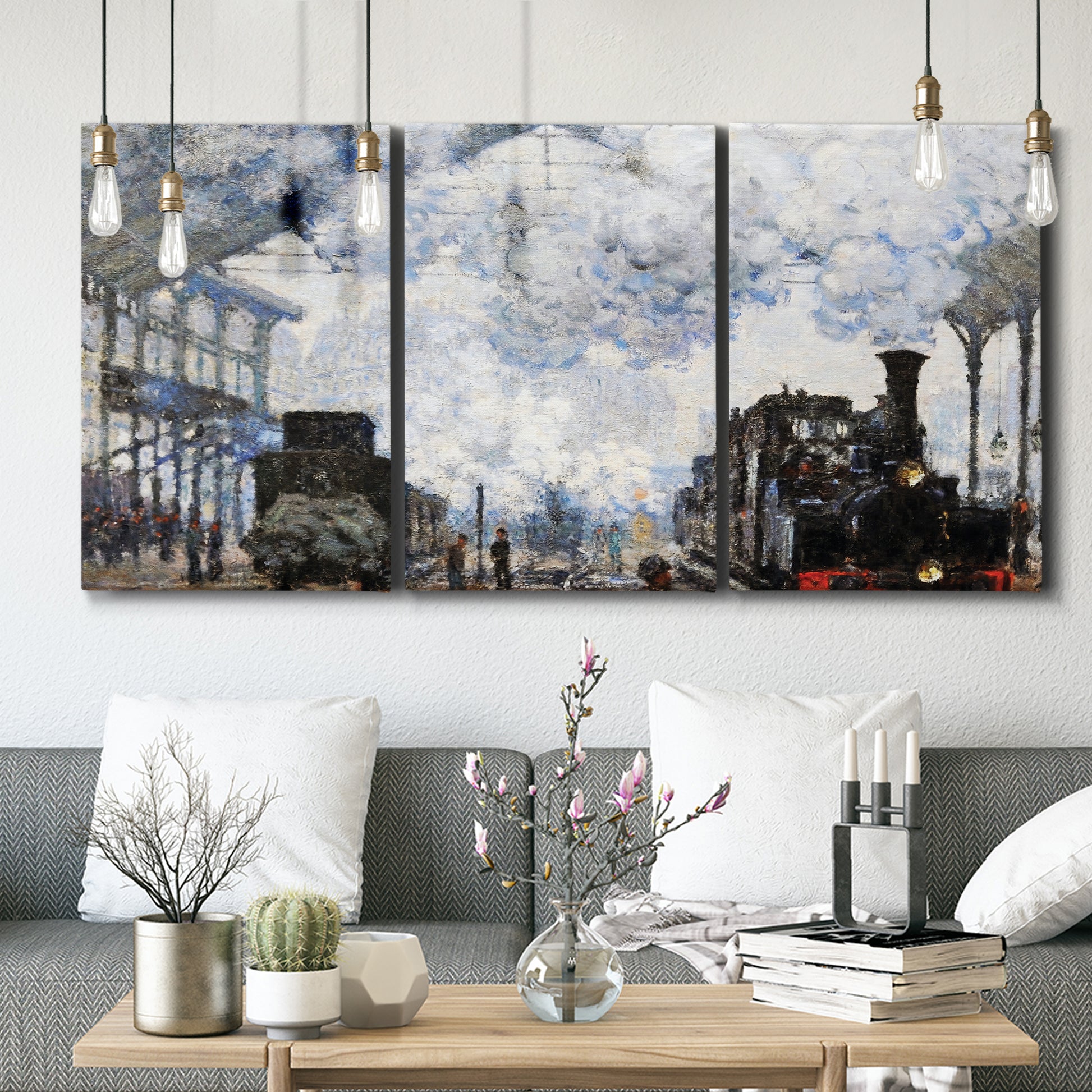 Three-panel canvas wall art featuring playful peach toned floral composition, displayed in a modern living room above seating.