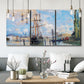 Three-panel canvas wall art featuring busy river port scene, displayed in a modern living room above seating.