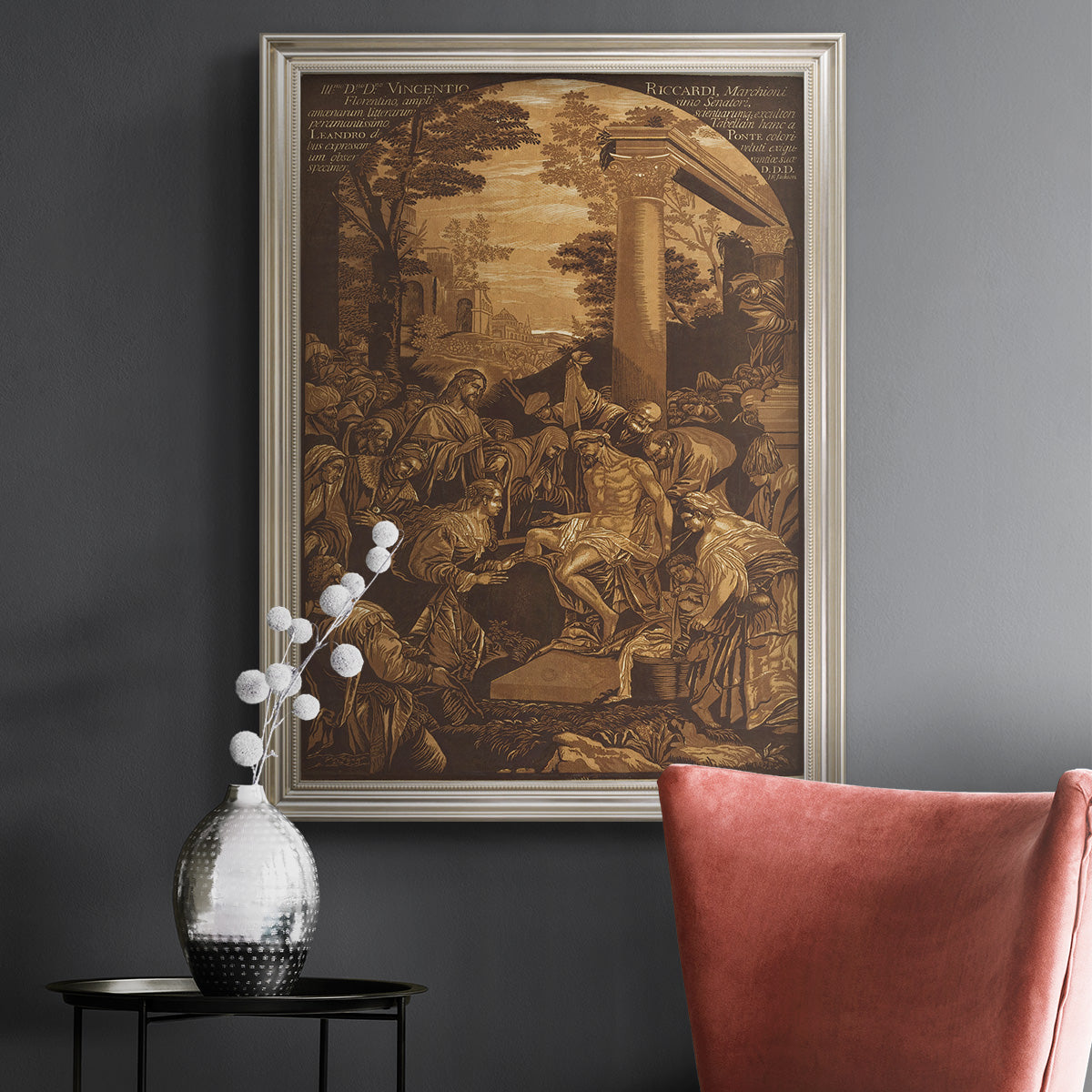 Monochrome religious painting of the raising of Lazarus by Leandro Bassano in an ornate champagne frame displayed in a dark-toned interior setting.