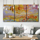 Three-panel canvas wall art featuring abstract meadow inspired color fields, displayed in a modern living room above seating.