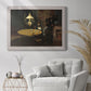 Impressionist domestic interior scene by Claude Monet in an ornate weathered white frame displayed in a bright interior setting.