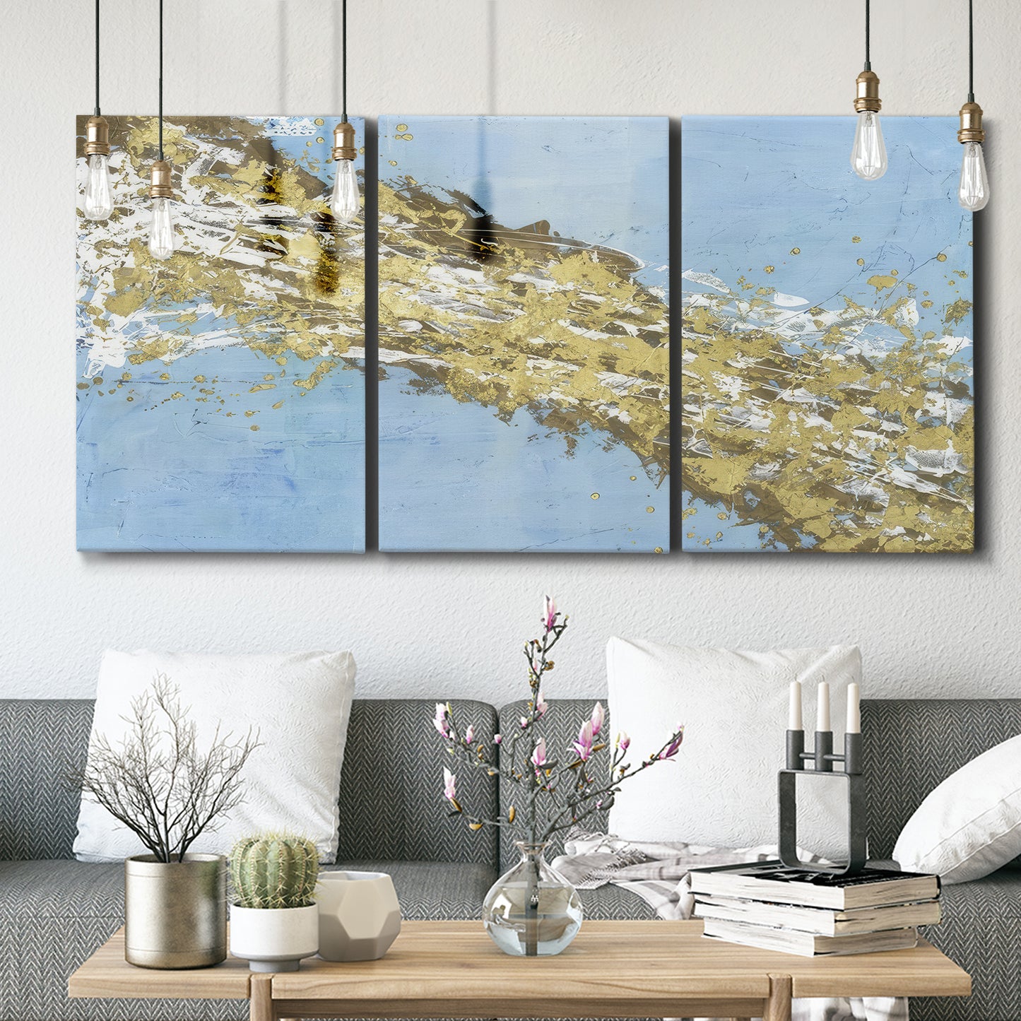 Three-panel canvas wall art featuring , displayed in a modern living room above seating.