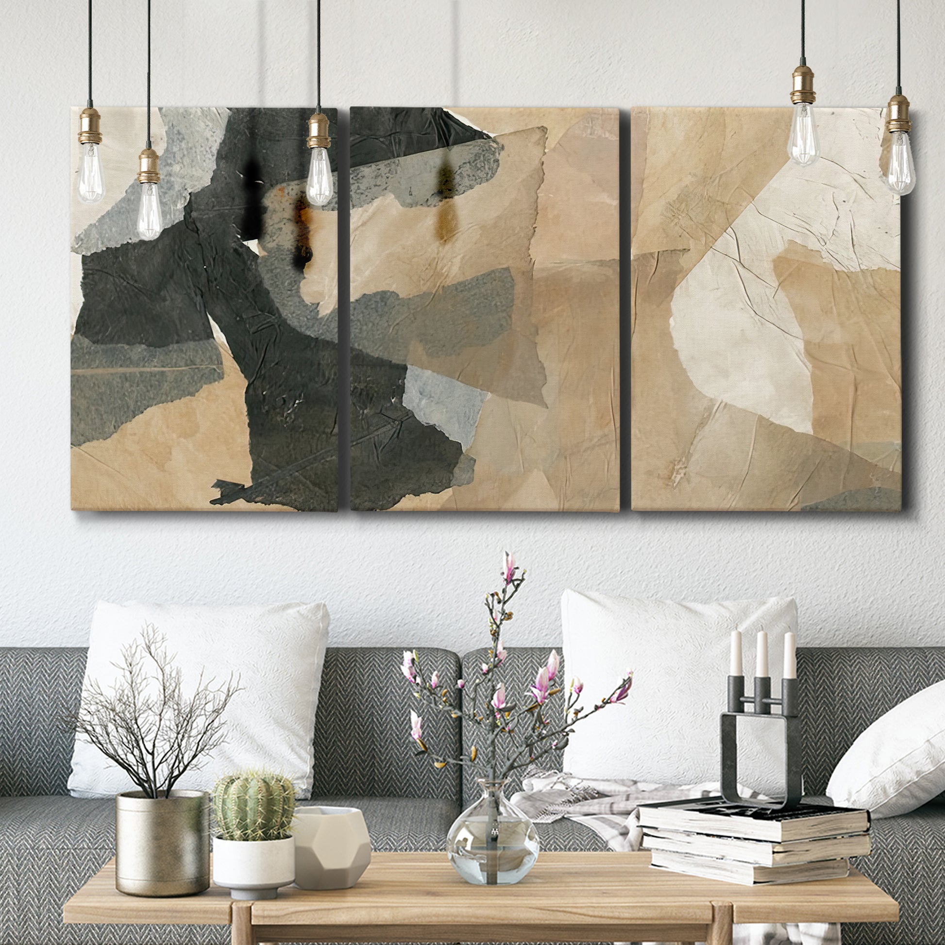 Three-panel canvas wall art featuring blurred mixed media abstract collage, displayed in a modern living room above seating.