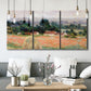 Three-panel canvas wall art featuring haystacks arranged in rural field, displayed in a modern living room above seating.
