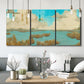 Three-panel canvas wall art featuring abstract pond scene with reflections, displayed in a modern living room above seating.