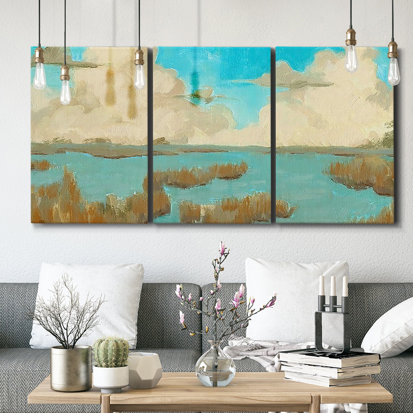 Three-panel canvas wall art featuring abstract pond scene with reflections, displayed in a modern living room above seating.