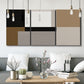 Three-panel canvas wall art featuring geometric abstract centerpoint composition, displayed in a modern living room above seating.