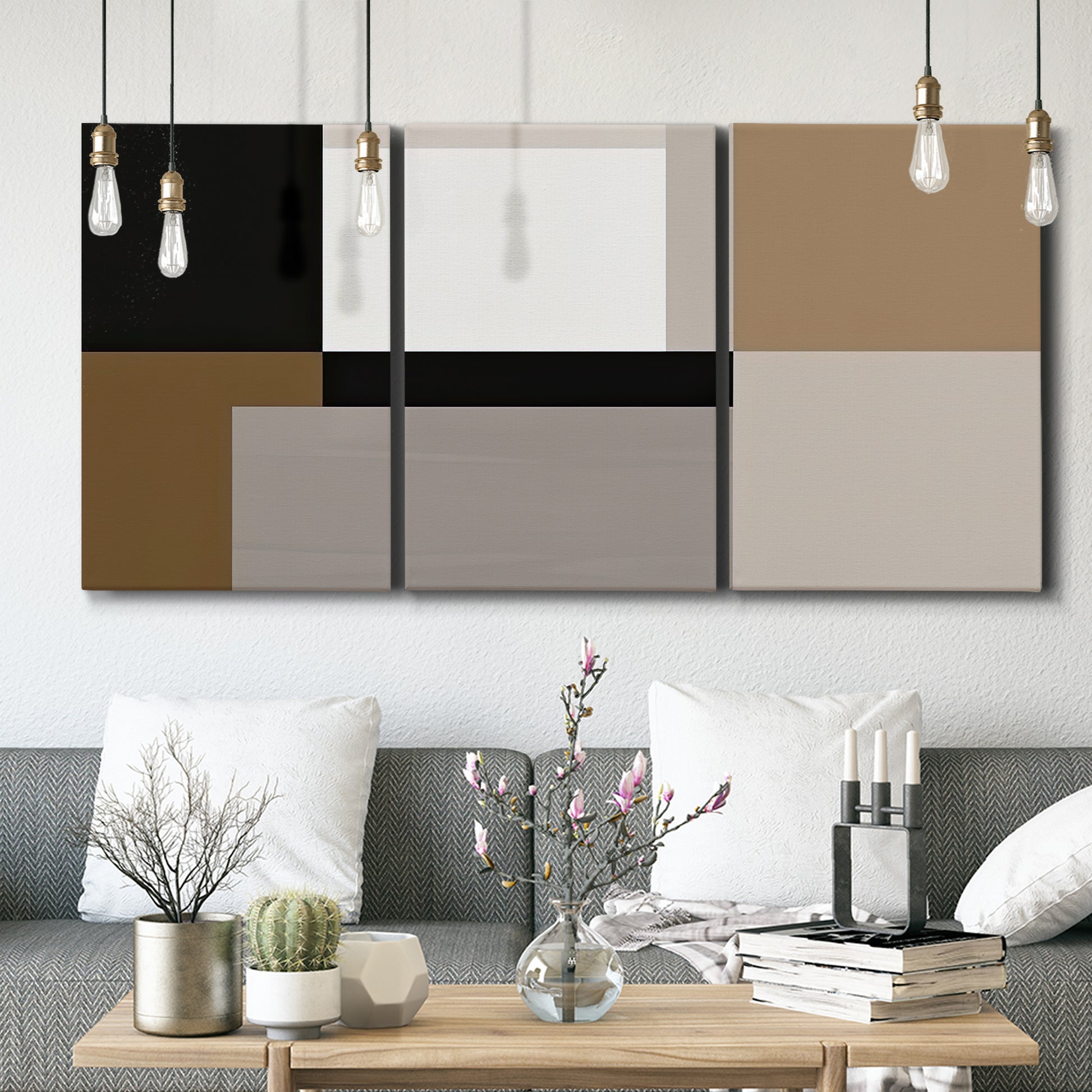 Three-panel canvas wall art featuring geometric abstract centerpoint composition, displayed in a modern living room above seating.