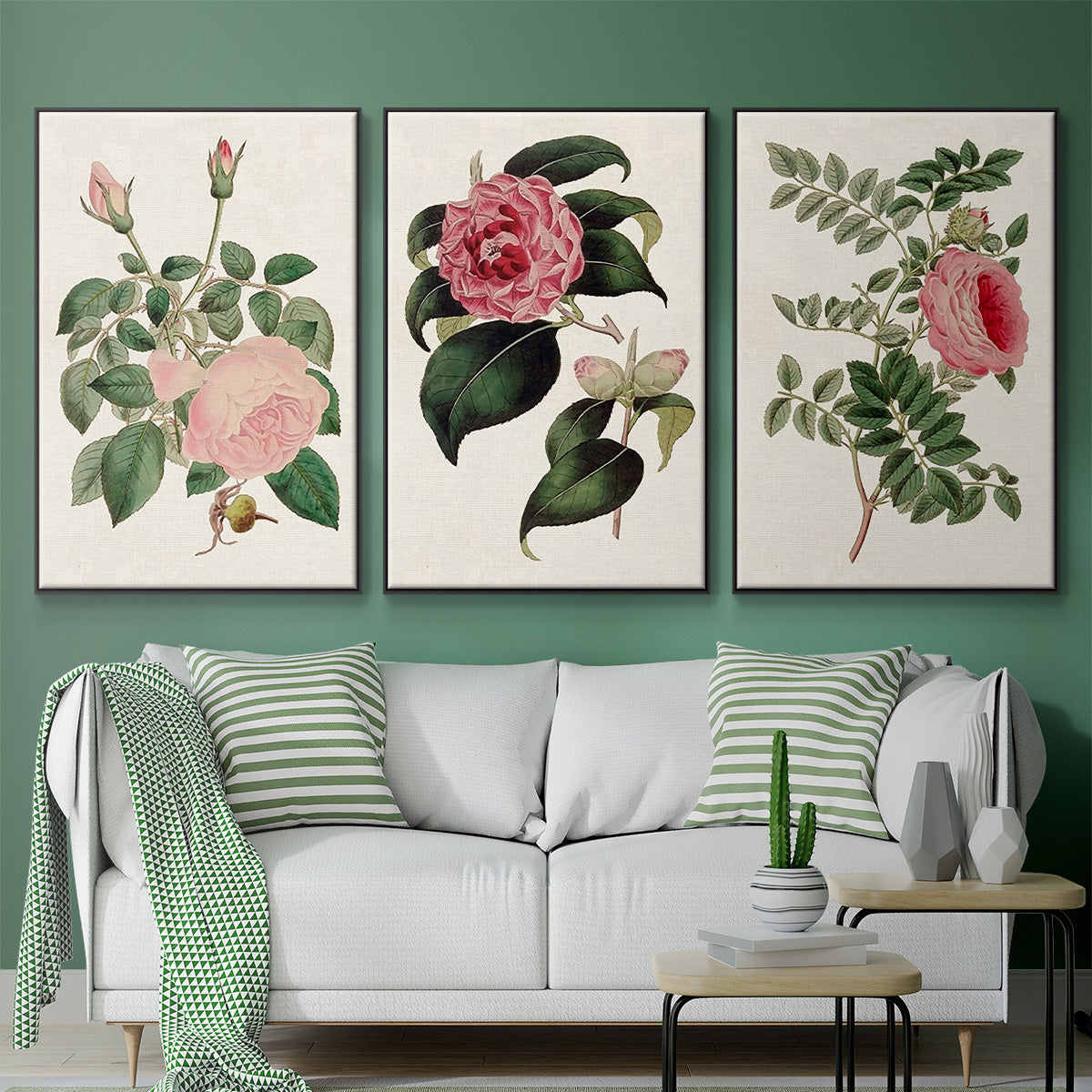 Pink Floral Mix I - Framed Premium Gallery Wrapped Canvas L Frame 3 Piece Set - Ready to Hang