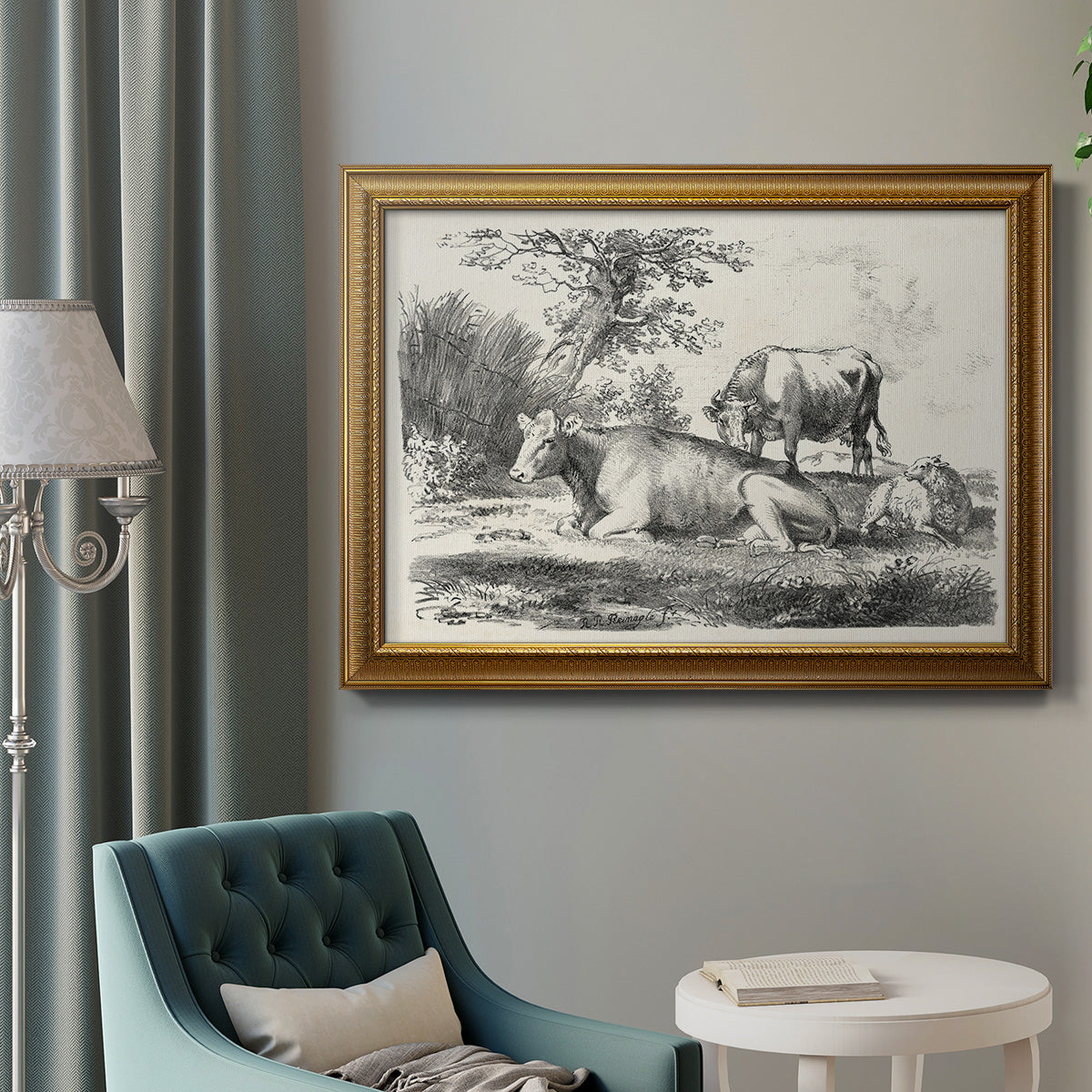 Classical pastoral landscape artwork by Nicolas Berchem in an ornate traditional gold frame displayed in a neutral interior setting.