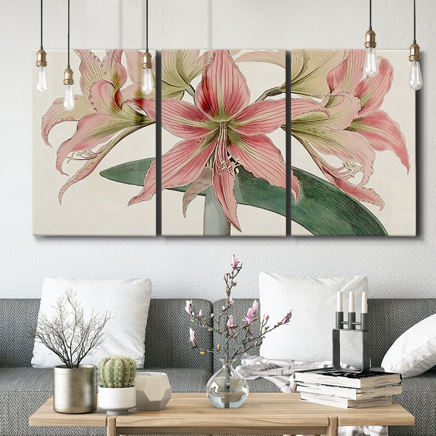 Three-panel canvas wall art featuring vintage styled amaryllis floral study, displayed in a modern living room above seating.
