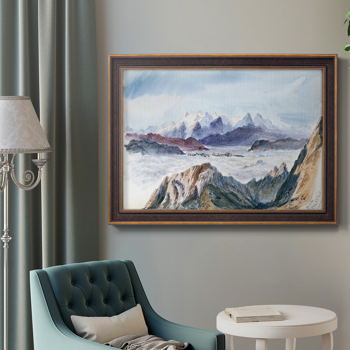 Impressionist alpine mountain landscape by John Singer Sargent in an ornate bronzed mahogany wood frame displayed in a bright interior setting.