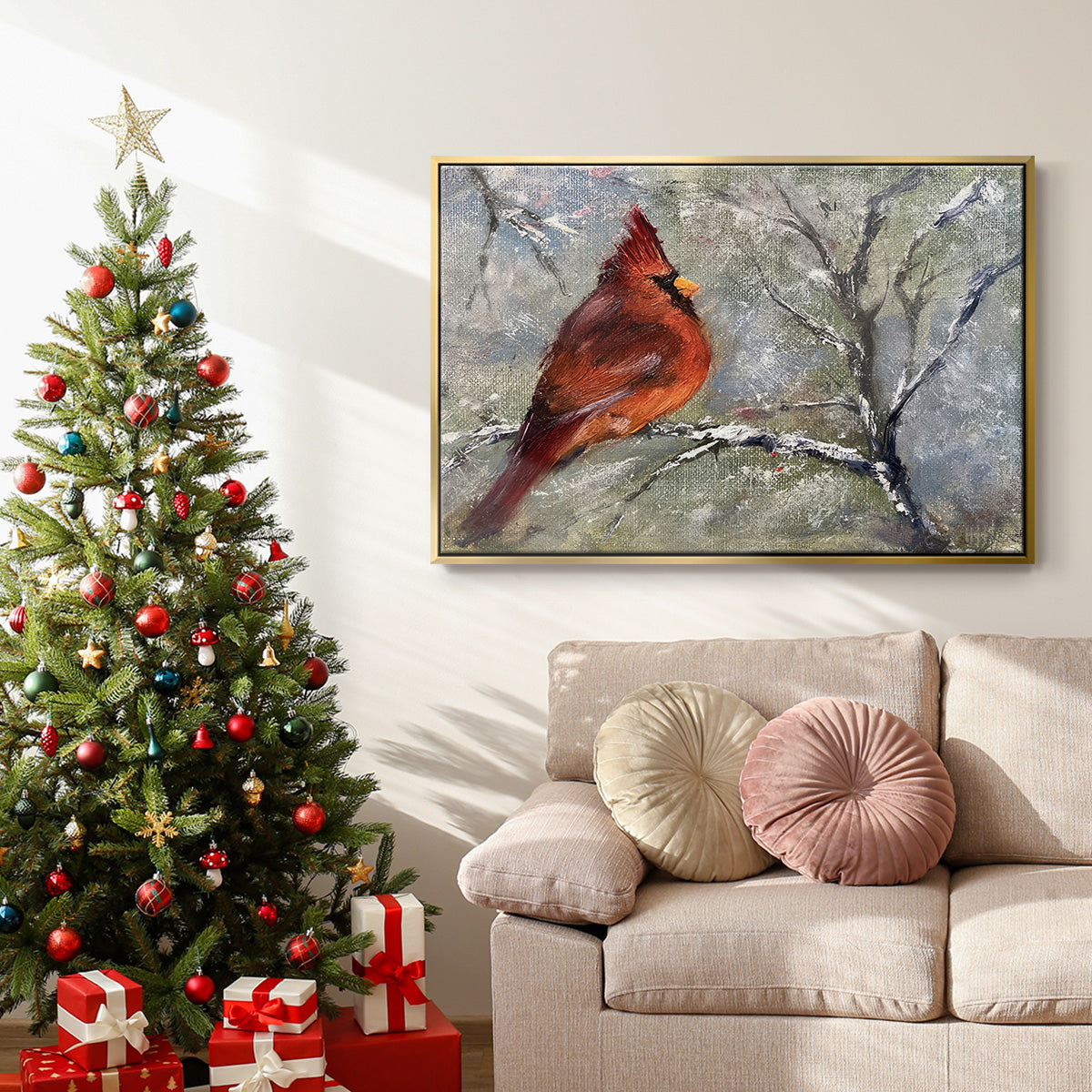 Cardinal in Snow II - Framed Gallery Wrapped Canvas in Floating Frame