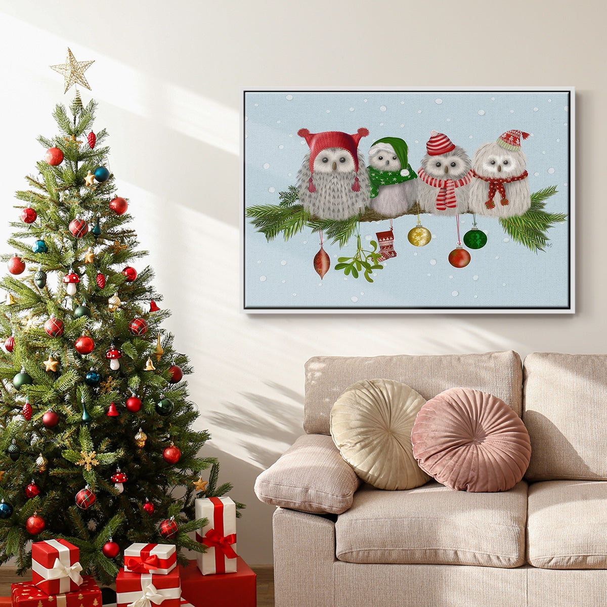 Christmas Fluffy Christmas Owls on Branch - Framed Gallery Wrapped Canvas in Floating Frame