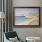 Impressionist Mediterranean jetty seascape by Paul Signac in an ornate bronzed mahogany wood frame displayed in a neutral interior setting.