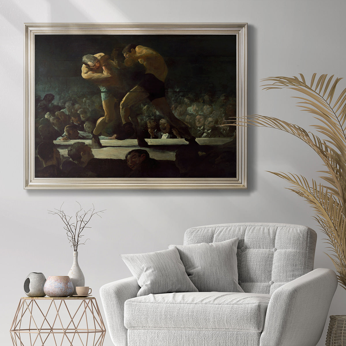 American social club scene painting by George Bellows in an ornate champagne frame displayed in a bright interior setting.