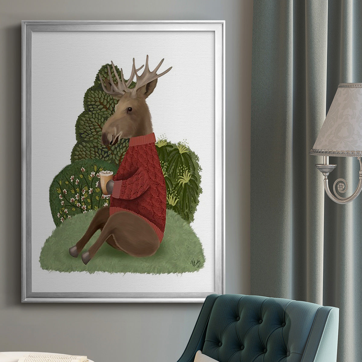 Latte Moose in Sweater - Modern Framed Canvas Print